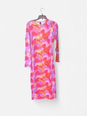 SHEIN Pink, Purple & Orange Swirl Long Sleeve Midi Dress